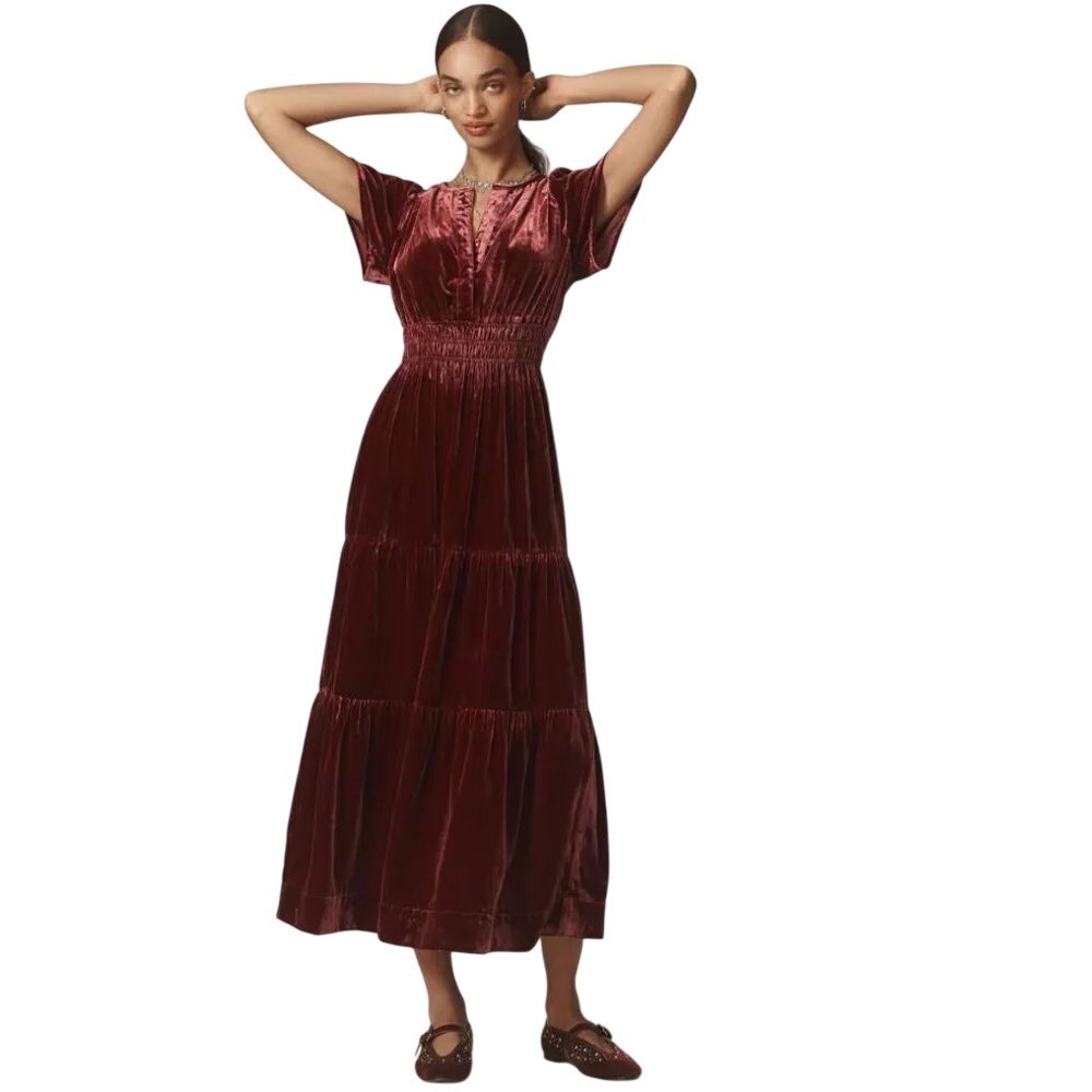Anthropologie Somerset Velvet Maxi Dress Burgundy Wine Smocked Tiered 1X